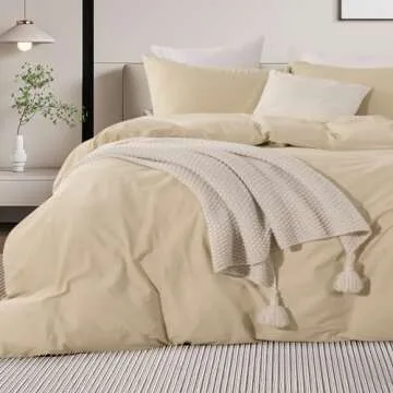 NEXHOME PRO Duvet Cover Set King Size Linen Feel Textured Organic Natural 100% Washed Cotton Duvet Cover Beige Cream 3 Pieces Bedding Set with Zipper Closure, Breathable, Soft (No Comforter)