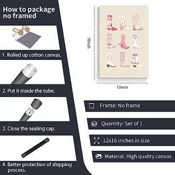 mifyuibytr Cowgirl Boots Print Poster, Pink Western Coastal Cowgirl Boot Aesthetic Canvas Wall Art, Preppy Cowgirl Room Decor 12x16in Unframed