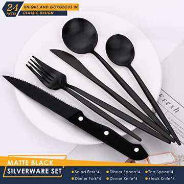 Stapava 24 Pieces Matte Black Silverware Set with Steak Knives, Stainless Steel Flatware Cutlery Set...