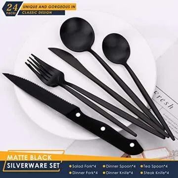 Stapava 24 Pieces Matte Black Silverware Set with Steak Knives, Stainless Steel Flatware Cutlery Set...