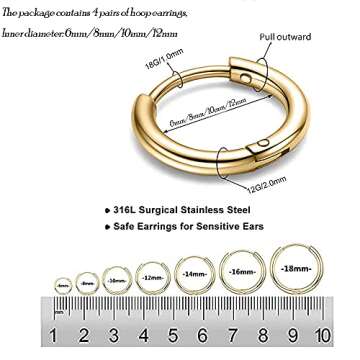 316L Surgical Stainless Steel Gold Hoop Earrings 6mm 8mm 10mm 12mm Huggie Hypoallergenic Earrings Ho...