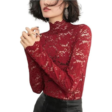 Women's Floral Lace Shirt Eyelash Trim Sexy Long Sleeves Mock Neck See Through Casual Top Wine Red S