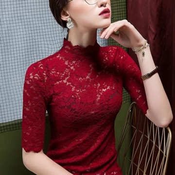Women's Floral Lace Shirt Eyelash Trim Sexy Long Sleeves Mock Neck See Through Casual Top Wine Red S