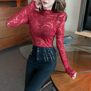Women's Floral Lace Shirt Eyelash Trim Sexy Long Sleeves Mock Neck See Through Casual Top Wine Red S