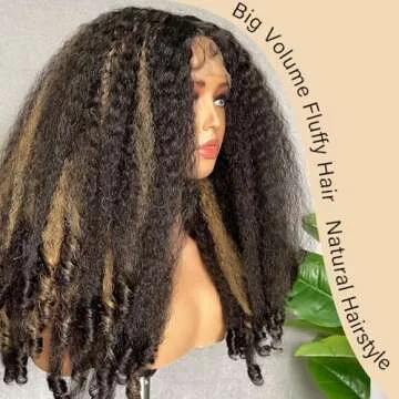 SOKU Afro Curly Lace Front Wig Synthetic Highlights Brown 20 Inch Kinky Straight with Curly Ends Cri...