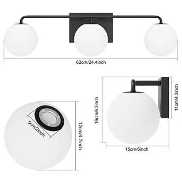 Tipace Mid Century Modern Bathroom Vanity Lights Fixtures 3-Light Black Milk White Globe Glass Industrial Vanity Lighting Over Mirror (Exclude Bulb)
