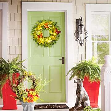 Brwoynn 18" Artificial Green Leaf Eucalyptus Wreath, Artificial White Berry Wreath, Outdoor Lighted Decorative Welcome Wreath for Front Door Wall Window Spring Summer Festival Party Decoration