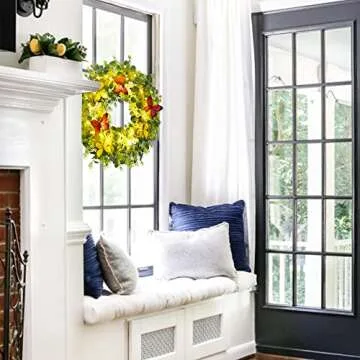 Brwoynn 18" Artificial Green Leaf Eucalyptus Wreath, Artificial White Berry Wreath, Outdoor Lighted Decorative Welcome Wreath for Front Door Wall Window Spring Summer Festival Party Decoration