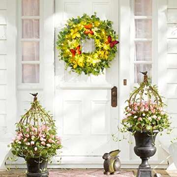 Brwoynn 18" Artificial Green Leaf Eucalyptus Wreath, Artificial White Berry Wreath, Outdoor Lighted Decorative Welcome Wreath for Front Door Wall Window Spring Summer Festival Party Decoration