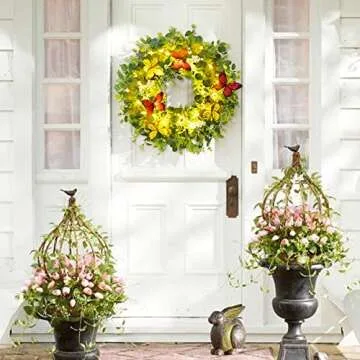 Brwoynn 18" Artificial Green Leaf Eucalyptus Wreath, Artificial White Berry Wreath, Outdoor Lighted Decorative Welcome Wreath for Front Door Wall Window Spring Summer Festival Party Decoration