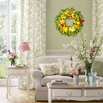 Brwoynn 18" Artificial Green Leaf Eucalyptus Wreath, Artificial White Berry Wreath, Outdoor Lighted Decorative Welcome Wreath for Front Door Wall Window Spring Summer Festival Party Decoration