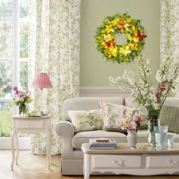 Brwoynn 18" Artificial Green Leaf Eucalyptus Wreath, Artificial White Berry Wreath, Outdoor Lighted Decorative Welcome Wreath for Front Door Wall Window Spring Summer Festival Party Decoration