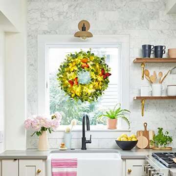 Brwoynn 18" Artificial Green Leaf Eucalyptus Wreath, Artificial White Berry Wreath, Outdoor Lighted Decorative Welcome Wreath for Front Door Wall Window Spring Summer Festival Party Decoration