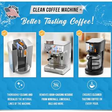 Coffee Machine Descaler Descaling Solution - 32oz (8 Uses) Compatible with Keurig, Nespresso, Breville, Delonghi, Jura, Ninja - Espresso Coffee Maker Cleaner, Coffee Pot Cleaning Limescale Remover