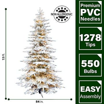 Fraser Hill Farm 7.5-Ft. Mountain Pine Flocked Artificial Christmas Tree with Warm White LED Lights and Stand, Prelit Foldable Fake Tree with Realistic Snowy Foliage for Home Decoration