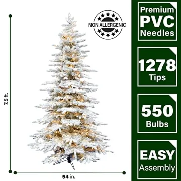 Fraser Hill Farm 7.5-Ft. Mountain Pine Flocked Artificial Christmas Tree with Warm White LED Lights and Stand, Prelit Foldable Fake Tree with Realistic Snowy Foliage for Home Decoration