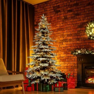 Fraser Hill Farm 7.5-Ft. Mountain Pine Flocked Artificial Christmas Tree with Warm White LED Lights and Stand, Prelit Foldable Fake Tree with Realistic Snowy Foliage for Home Decoration