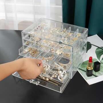 Acrylic Jewelry Box With 5 Drawers Clear Earring Storage Organizer Display Case Earring Organizer Box with Compartment Tray Transparent Jewelry Holder Organizer for Earrings Necklace Rings Bracelet