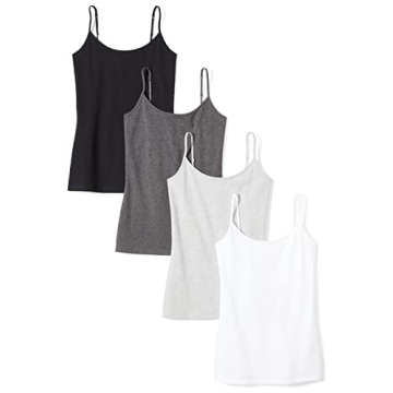 Amazon Essentials Women's Slim-Fit Camisole, Pack of 4, Black/Charcoal Heather/Light Grey Heather/Wh...