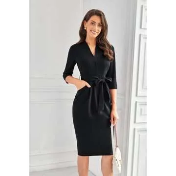 GRACE KARIN Business Dresses for Women 3/4 Sleeve V Neck Sheath Dress Black Funeral Dress Slim Class...