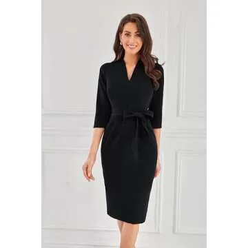 GRACE KARIN Business Dresses for Women 3/4 Sleeve V Neck Sheath Dress Black Funeral Dress Slim Classy Formal Church Dresses for Women M