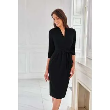 GRACE KARIN Business Dresses for Women 3/4 Sleeve V Neck Sheath Dress Black Funeral Dress Slim Classy Formal Church Dresses for Women M