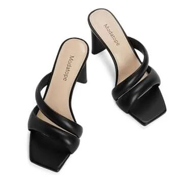 Modatope Black Sandals for Women Peep Open Square Toe Mule Heels Chunky Block Slip On Backless 3 Inch Summer Heels Dress Shoes Heeled Slides High Heel Slippers Size 6.5