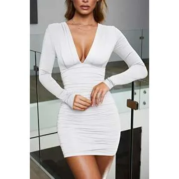 GOBLES Women's Sexy Long Sleeve V Neck Ruched Bodycon Mini Party Cocktail Dress White