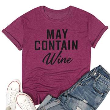 May Contain Wine T Shirt Alcohol Shirts Womens Letter Print Tops Funny Drinking Shirt Casual Short Sleeve Graphic Tees Top (Burgundy, S)