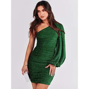ANRABESS Women's One Shoulder Cocktail Short Dress Glitter Sexy Ruched Bodycon Party Prom Formal Min...