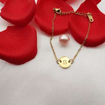 Initial Charm Bracelets 18K Gold Plated Stainless Steel Dainty Small Round Coin Disc Initial Bracelet Engraved Letters B Personalized Name Bracelet for Women