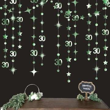 Sage Green 30th Birthday Decorations Number 30 Circle Dot Twinkle Star Garland Metallic Streamer Banner Backdrop for Womens Cheers to 30 Years Old Dirty Thirty Happy 30th Anniversary Party Supplies