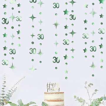 Sage Green 30th Birthday Decorations Number 30 Circle Dot Twinkle Star Garland Metallic Streamer Banner Backdrop for Womens Cheers to 30 Years Old Dirty Thirty Happy 30th Anniversary Party Supplies