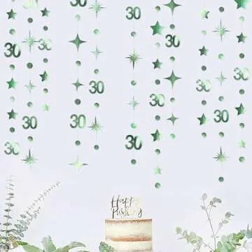 Sage Green 30th Birthday Decorations Number 30 Circle Dot Twinkle Star Garland Metallic Streamer Banner Backdrop for Womens Cheers to 30 Years Old Dirty Thirty Happy 30th Anniversary Party Supplies