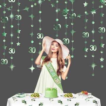 Sage Green 30th Birthday Decorations Number 30 Circle Dot Twinkle Star Garland Metallic Streamer Banner Backdrop for Womens Cheers to 30 Years Old Dirty Thirty Happy 30th Anniversary Party Supplies