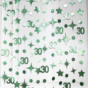 Sage Green 30th Birthday Decorations Number 30 Circle Dot Twinkle Star Garland Metallic Streamer Banner Backdrop for Womens Cheers to 30 Years Old Dirty Thirty Happy 30th Anniversary Party Supplies