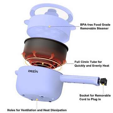 Dezin Electric Cooker, 2L Non-Stick Sauté Pan, Rapid Noodles Cooker, Mini Pot for Steak, Egg, Fried Rice, Ramen, Oatmeal, Soup with Power Adjustment, College Dorm Room Essential(Egg Rack Included)