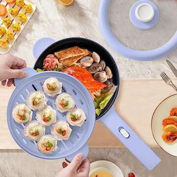 Dezin Electric Cooker, 2L Non-Stick Sauté Pan, Rapid Noodles Cooker, Mini Pot for Steak, Egg, Fried Rice, Ramen, Oatmeal, Soup with Power Adjustment, College Dorm Room Essential(Egg Rack Included)