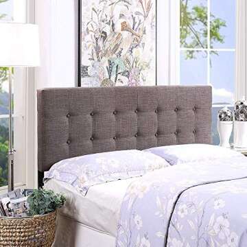 HOME BI Upholstered Curved Shape Linen Fabric Headboard Full/Queen Size with Nailhead Trim, Smoke