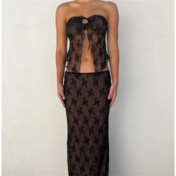 Women 2 Pieces Maxi Skirts Outfits Backless Slim Fit Camis Crop Tube Tops Split Midi Skirt Set Y2K P...