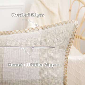 decorUhome Buffalo Plaid Check Spring Throw Pillow Covers 22x22 Set of 2, Outdoor Decorative Farmhouse Pillow Covers with Stitched Edge for Bed Couch Sofa, Cream White and Beige