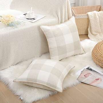 decorUhome Buffalo Plaid Check Spring Throw Pillow Covers 22x22 Set of 2, Outdoor Decorative Farmhouse Pillow Covers with Stitched Edge for Bed Couch Sofa, Cream White and Beige