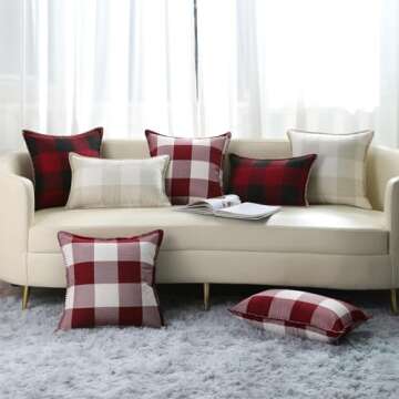 decorUhome Buffalo Plaid Check Spring Throw Pillow Covers 22x22 Set of 2, Outdoor Decorative Farmhouse Pillow Covers with Stitched Edge for Bed Couch Sofa, Cream White and Beige