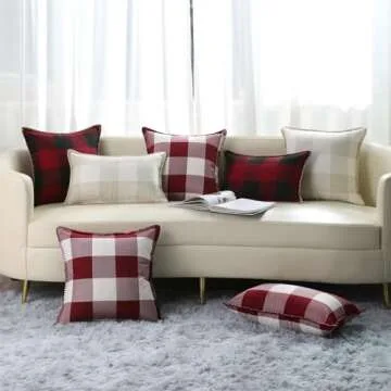 decorUhome Buffalo Plaid Check Spring Throw Pillow Covers 22x22 Set of 2, Outdoor Decorative Farmhouse Pillow Covers with Stitched Edge for Bed Couch Sofa, Cream White and Beige