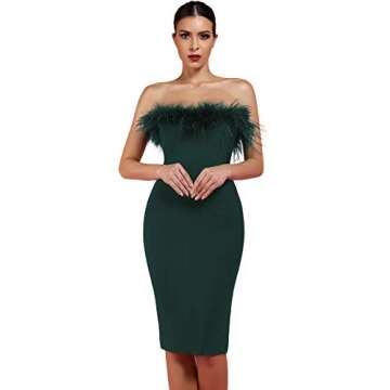 whoinshop Women's Sexy Off Shoulder Feather Bandage Evening Club Party Dress Green
