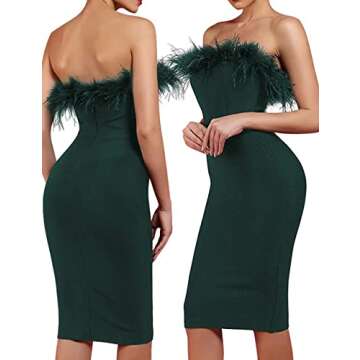 whoinshop Women's Sexy Off Shoulder Feather Bandage Evening Club Party Dress Green