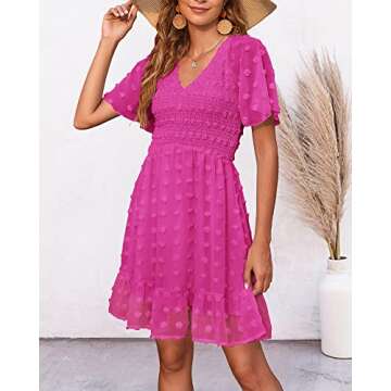 BTFBM Womens V Neck Casual Vacation Dress Short Sleeve Smocked Swiss Dot Swing Ruffle Mini Beach Sum...