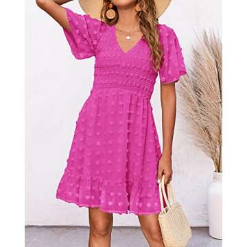 BTFBM Womens V Neck Casual Vacation Dress Short Sleeve Smocked Swiss Dot Swing Ruffle Mini Beach Summer Dresses 2025(Swiss Dot Rose Red, Large)