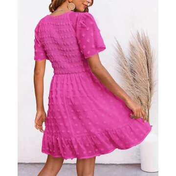 BTFBM Womens V Neck Casual Vacation Dress Short Sleeve Smocked Swiss Dot Swing Ruffle Mini Beach Summer Dresses 2025(Swiss Dot Rose Red, Large)