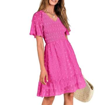 BTFBM Womens V Neck Casual Vacation Dress Short Sleeve Smocked Swiss Dot Swing Ruffle Mini Beach Summer Dresses 2025(Swiss Dot Rose Red, Large)